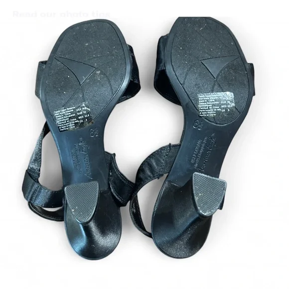 AMERICAN EAGLE Black Satin Heeled Sandals With Ankle Strap 6 1/2 Good Condition - Picture 7 of 8